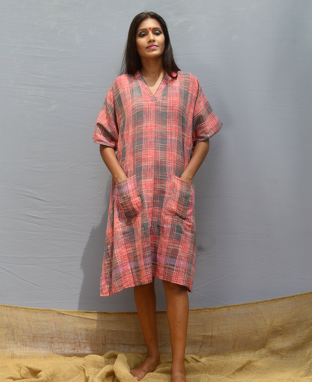 Pink And Green Checked Kaftan Dress